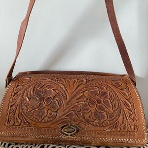 Vintage Brown Leather Floral Embossed Shoulder Bag